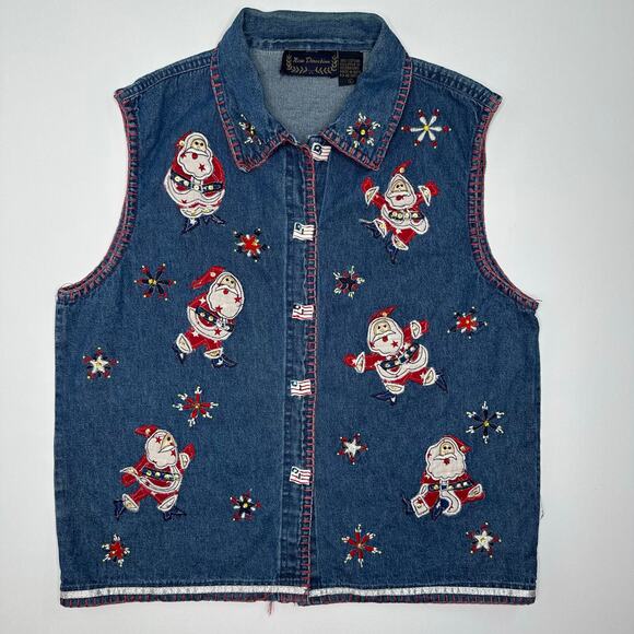 Vintage Y2K Ugly Christmas Denim Vest with Patriotic Embroidered Santa Figures - Picture 1 of 7